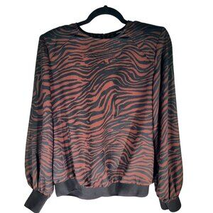 Express Top Black Brown Animal Print Smocked Sleeve Popover Blouse